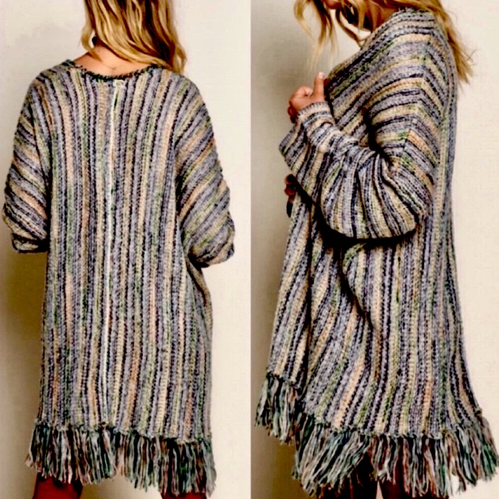 POL Boho Multicolored Fringe Hem Cardigan – Long Sleeve Winter Streetwear Coat - Picture 3 of 5